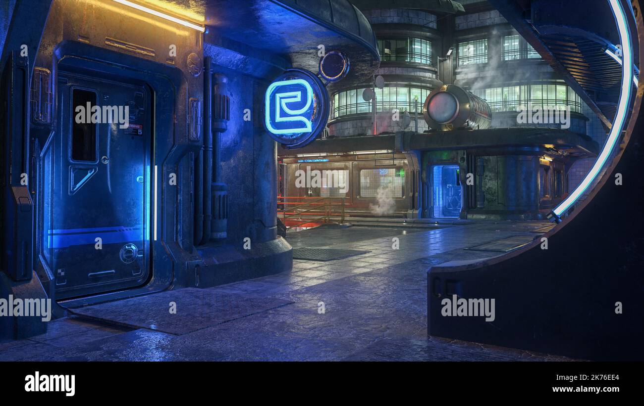 Dark alleyway in a futuristic cyberpunk city at night with neon lights ...