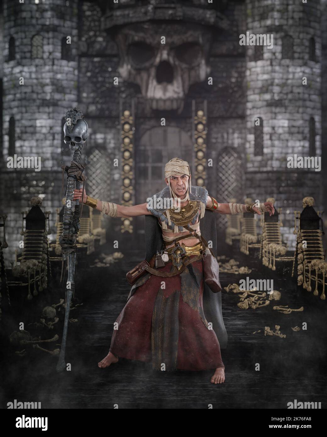Dark fantasy black magic necromancer with staff made from human bones standing menacingly outside a castle entrance. 3D illustration. Stock Photo