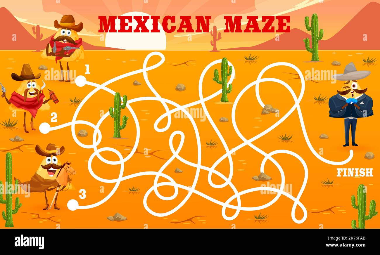 Labyrinth maze game. Cowboys, bandit and sheriff mexican nachos