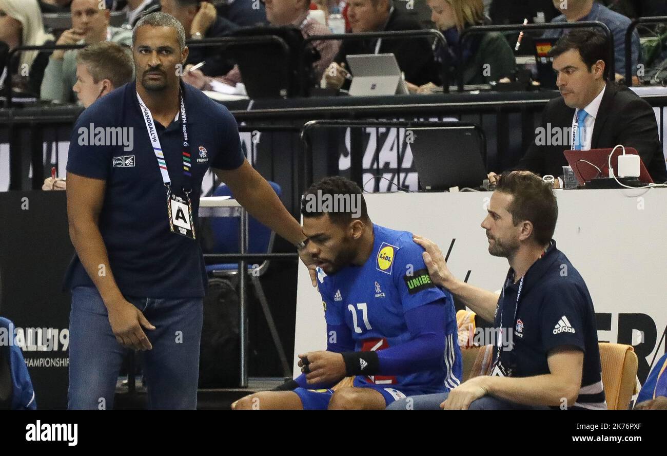 Coach Didier Dinart,Adrien Dipanda and Guillaume Gille  (France) during the IHF Men's World Championship 2019, Group A handball match between Germany and France on January 15, 2019 at Mercedes-Benz Arena in Berlin, Germany  Stock Photo