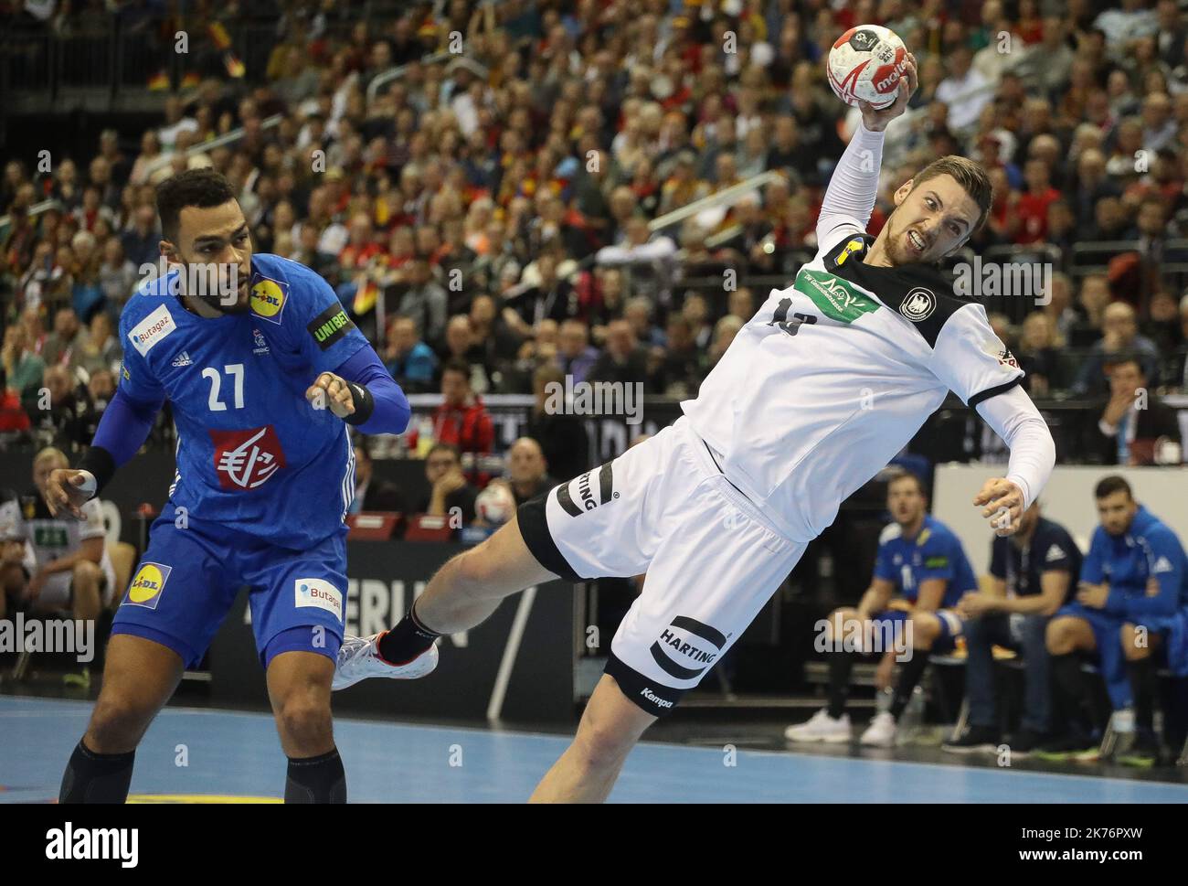 Hendrik Pekeler (Germany) and Adrien Dipanda (France) during the IHF Men's World Championship 2019, Group A handball match between Germany and France on January 15, 2019 at Mercedes-Benz Arena in Berlin, Germany  Stock Photo