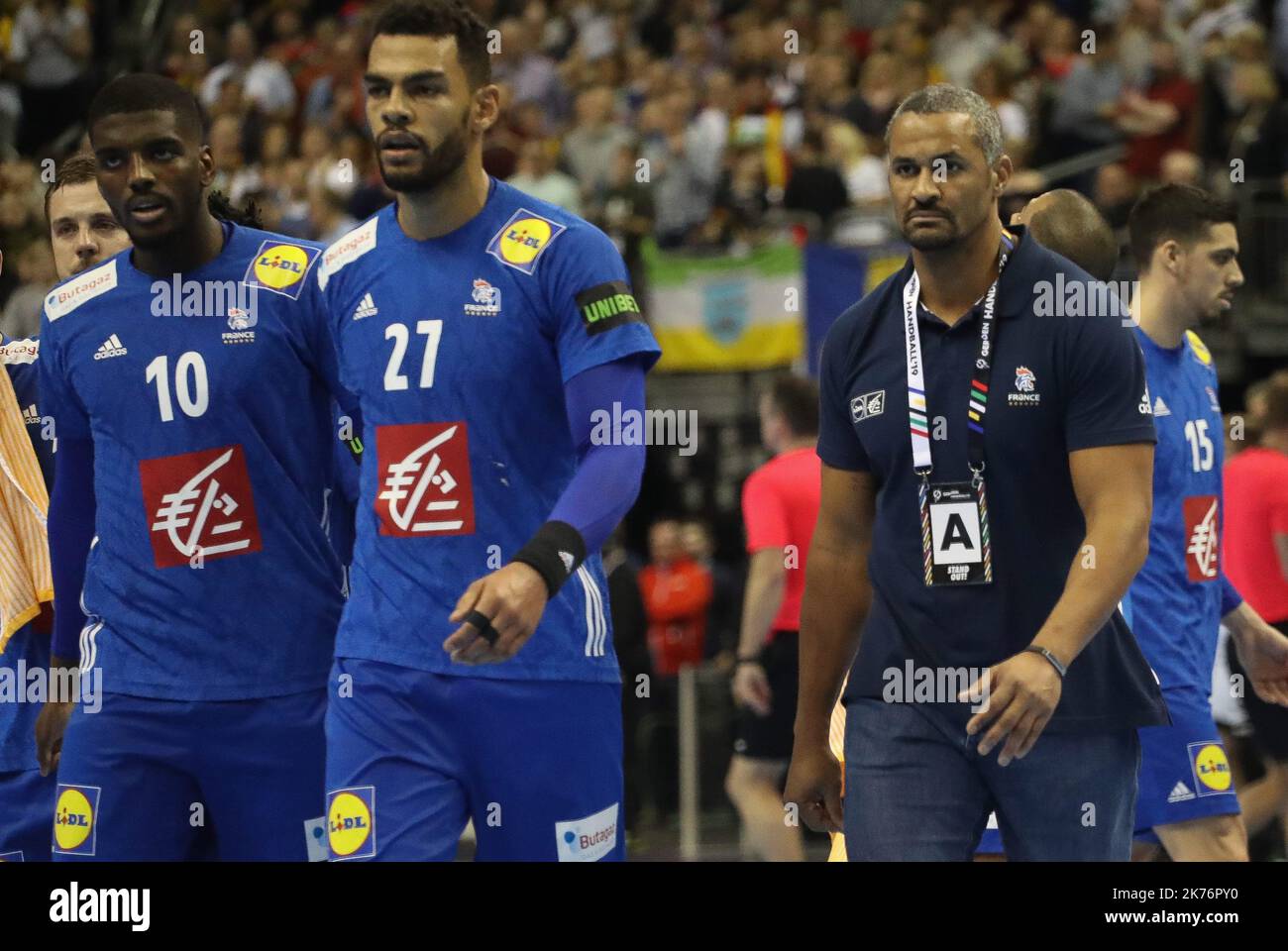 Coach Didier Dinart , Adrien Dipanda and Dika Mem (France) during the IHF Men's World Championship 2019, Group A handball match between Germany and France on January 15, 2019 at Mercedes-Benz Arena in Berlin, Germany  Stock Photo