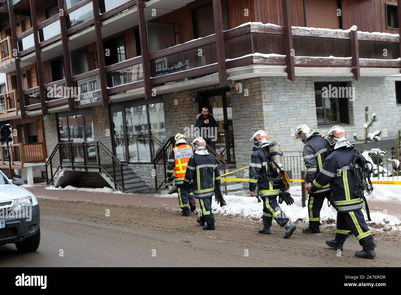 Chalet workers jump from windows as two people are killed and more than a dozen injured after massive fire breaks out at Courchevel ski resort popular with celebrities and royals in the French Alps Stock Photo