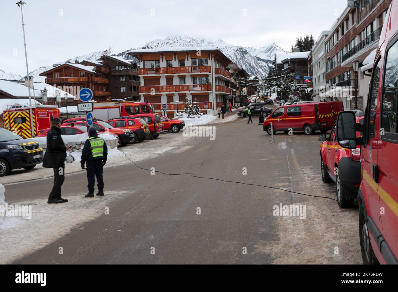 Chalet workers jump from windows as two people are killed and more than a dozen injured after massive fire breaks out at Courchevel ski resort popular with celebrities and royals in the French Alps Stock Photo