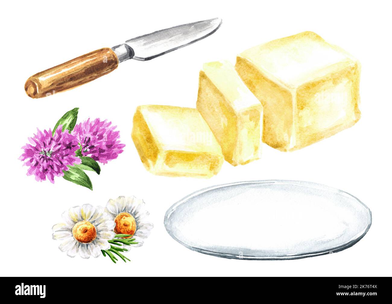 Butter set. Hand drawn watercolor illustration isolated on white