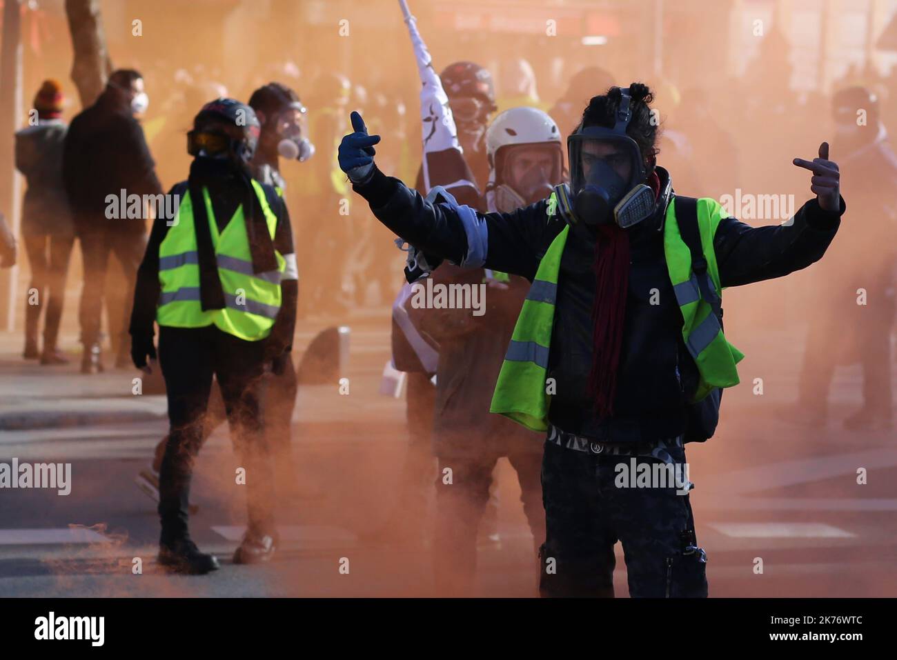 Act 12 of yellow vests protest in Paris, France, on February 02, 2019. Stock Photo
