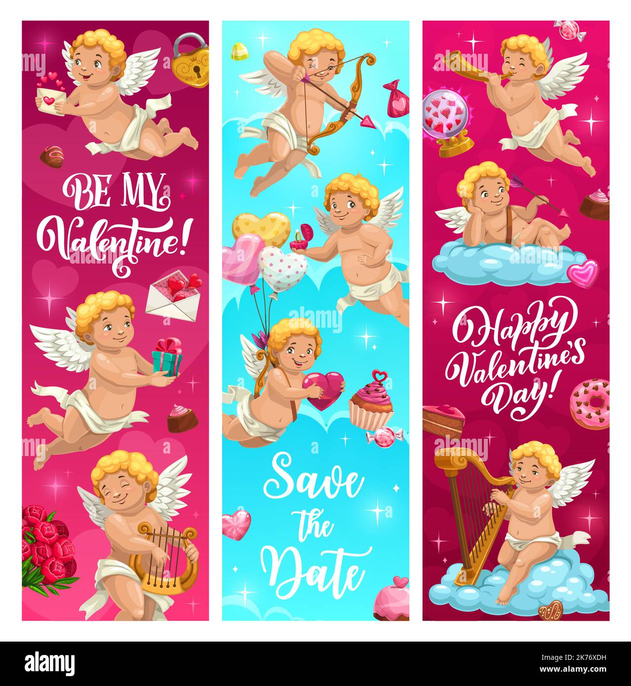 Valentine day holiday banners with cartoon cupids angels and vector heart balloons. Be My Valentine love holiday kiss lips, hears and gifts with roses and cupid angels with arrows and harp on clouds Stock Vector
