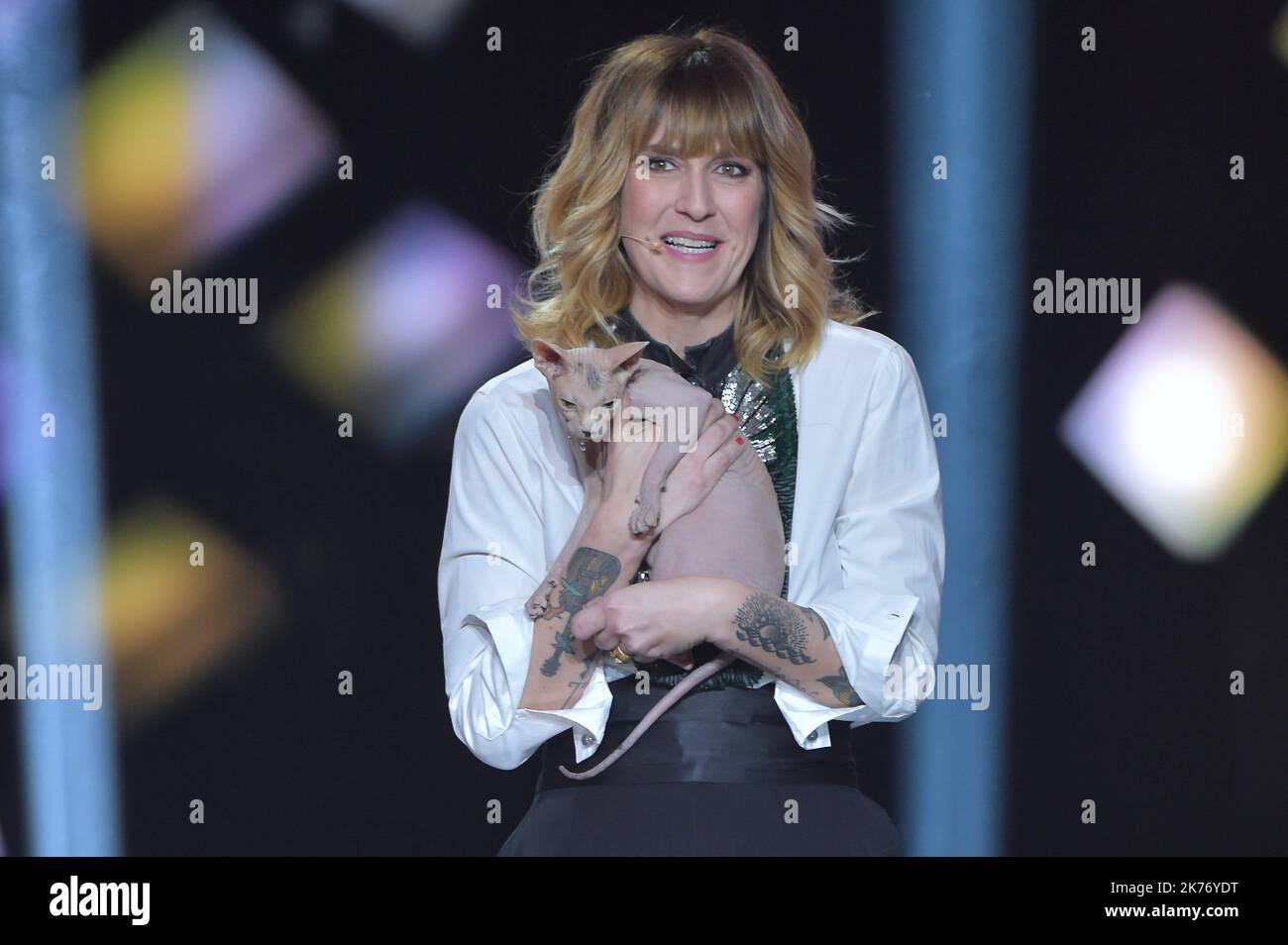 French Tv host Daphne Burki looks on  during the 34th Victoires de la Musique at La Seine Musicale on February 08, 2019 in Boulogne Billancourt, France Stock Photo