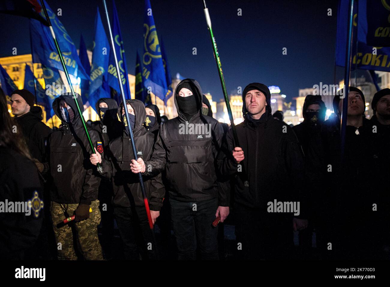 Members and sympathizers of the -Sokil-, -Sector Law- and other nationalist organizations marched through the streets of Kiev. Sokil is a sports and military society for youth that aims to develop the Ukrainian society and state on the basis of modern Ukrainian social nationalism. Stock Photo