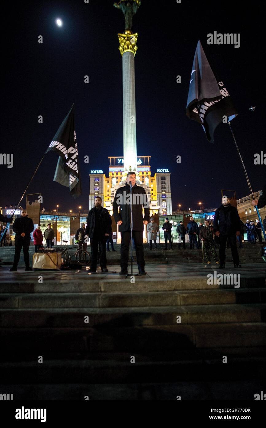 Members and sympathizers of the -Sokil-, -Sector Law- and other nationalist organizations marched through the streets of Kiev. Sokil is a sports and military society for youth that aims to develop the Ukrainian society and state on the basis of modern Ukrainian social nationalism. Stock Photo