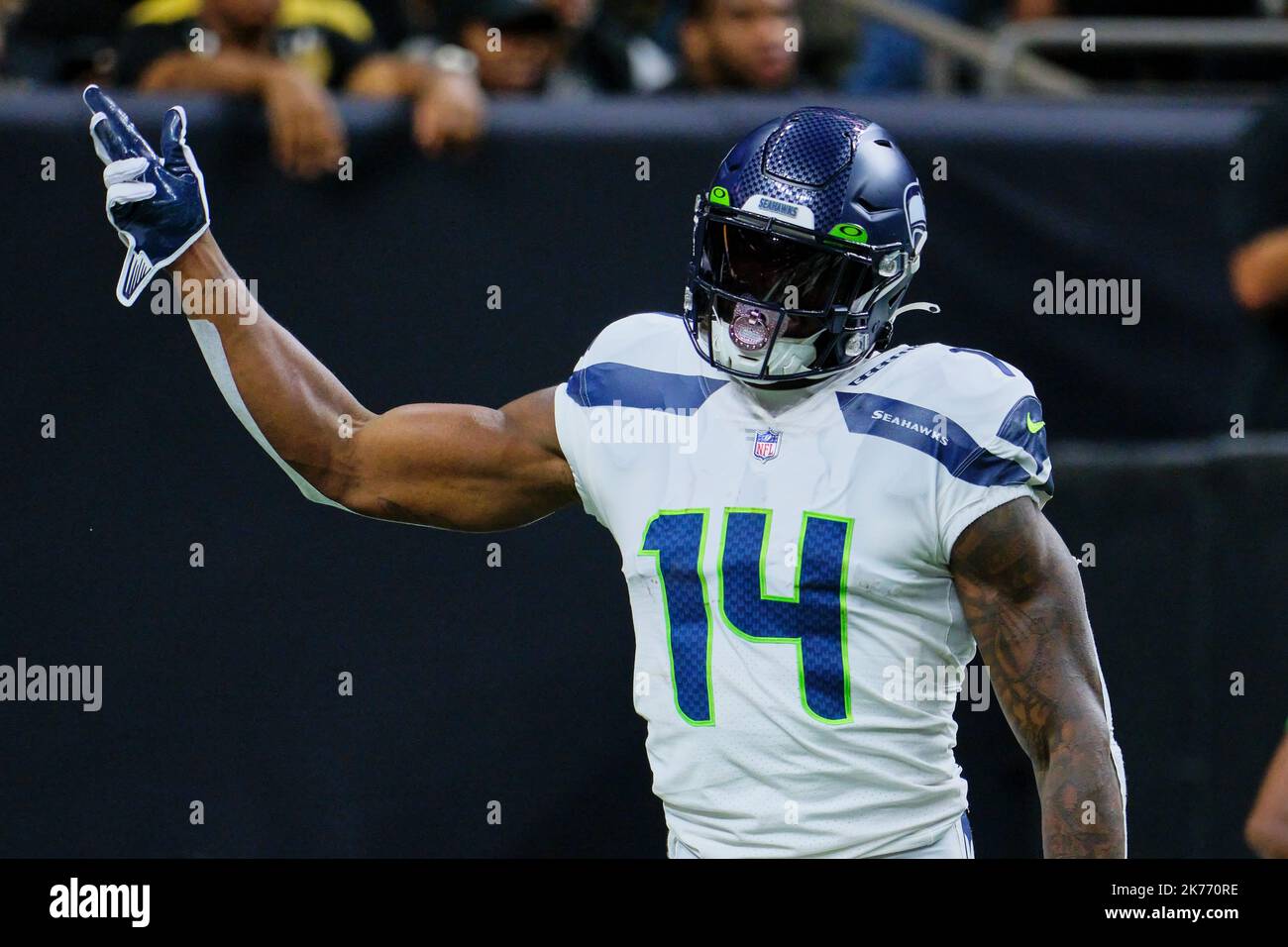 Seattle Seahawks wide receiver DK Metcalf (14) during an NFL football game  against the Denver Broncos, Monday, Sept. 12, 2022, in Seattle, WA. The  Seahawks defeated the Bears 17-16. (AP Photo/Ben VanHouten