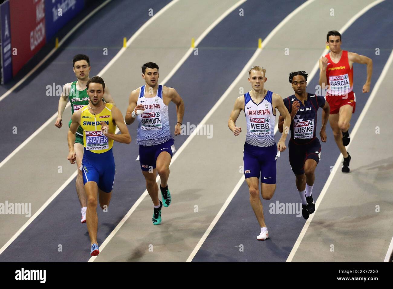 Andreas Kramer of Sweden , Guy Learmonth of Great Britain , Jamie Webb of Great Britain ,Aymeric Lusine of France and Mariano Garcia of Spain 800 m Semi - Final Heat 2 during the European Athletics Indoor Championships  Glasgow 2019 on March 2, 2019 at the Emirates Arena in Glasgow, Scotland - Photo Laurent Lairys / MAXPPP Stock Photo