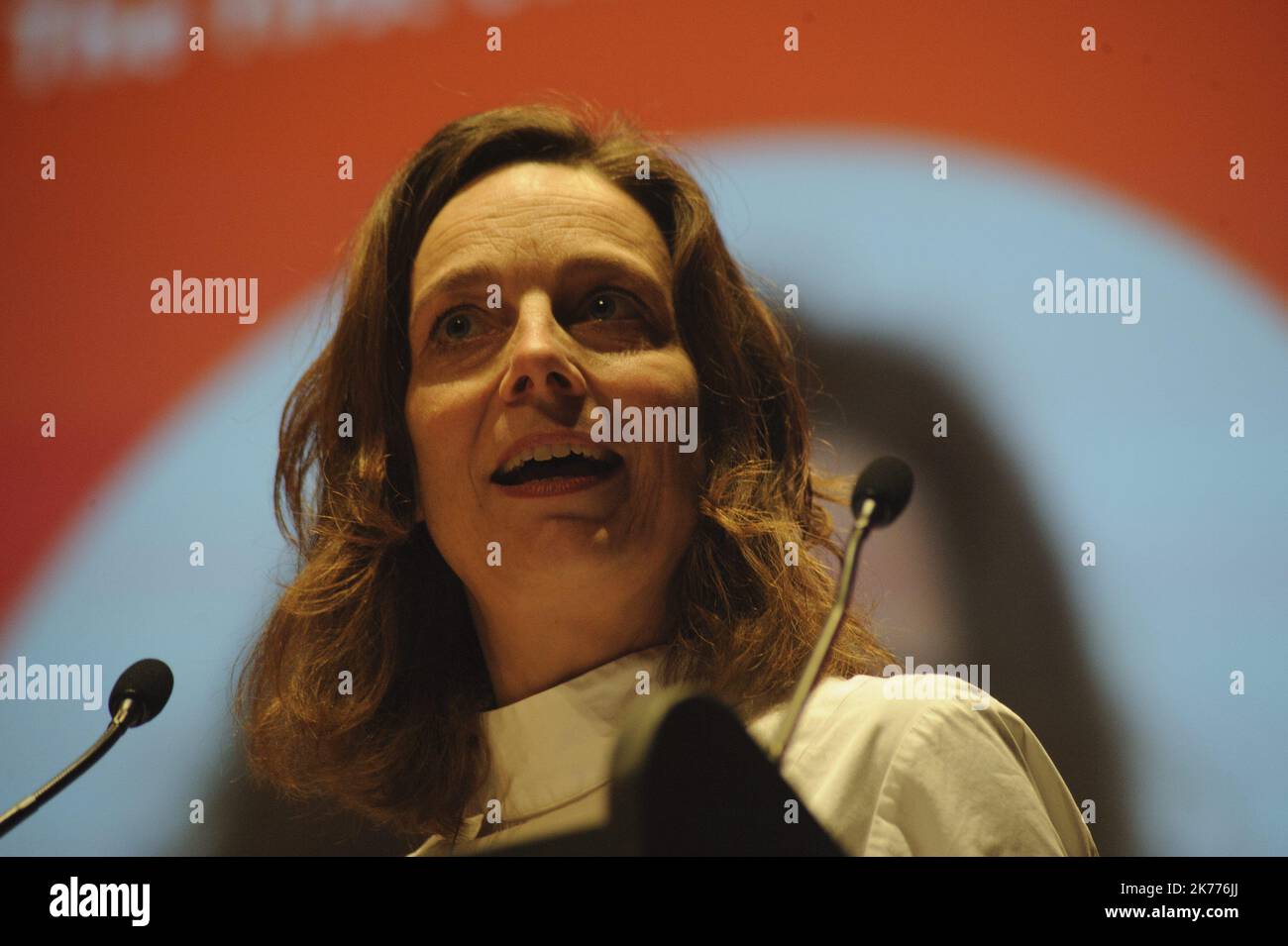 Candidate Karine ROHR GENZ at the podium. Launch of the DiEM25 list and ...