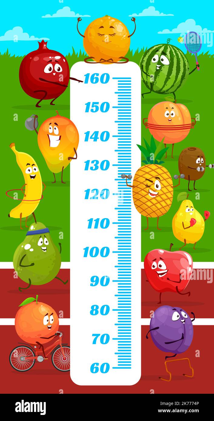 Kids height chart cartoon fruits on stadium field growth meter. Vector