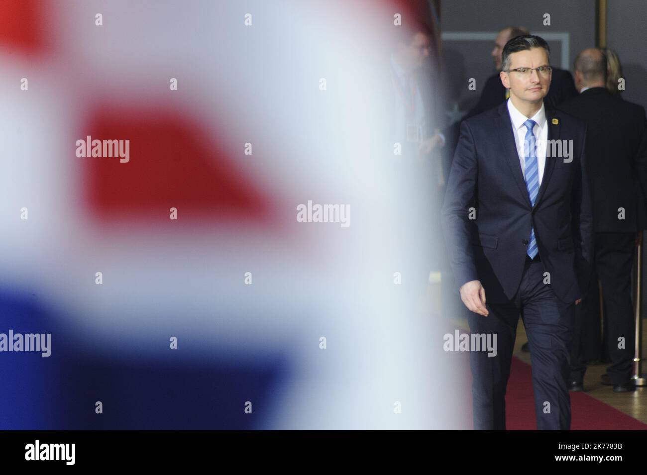 Arrival of Slovenian Prime Minister Marjan Sarec at the Special European Summit (Art.50 / Brexit) in Brussels. Stock Photo