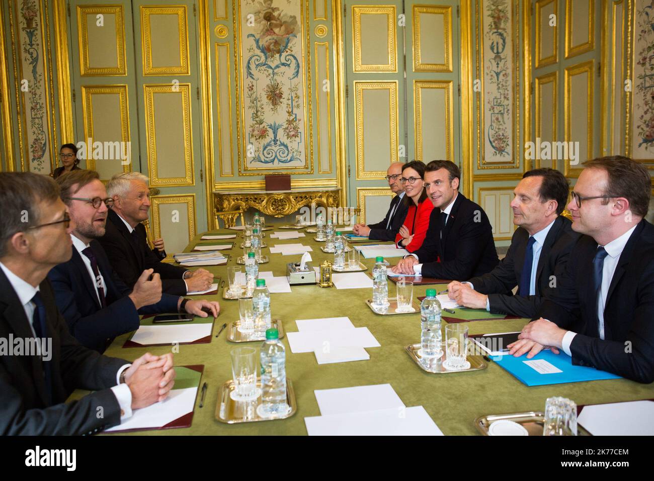 POOL French President Emmanuel Macron as he welcomes the Secretary General of the Council of Europe Thorbjorn Jagland at the Elysee Palace in Paris on May 6, 2019.    POOL/Raphael Lafargue/MAXPPP Stock Photo