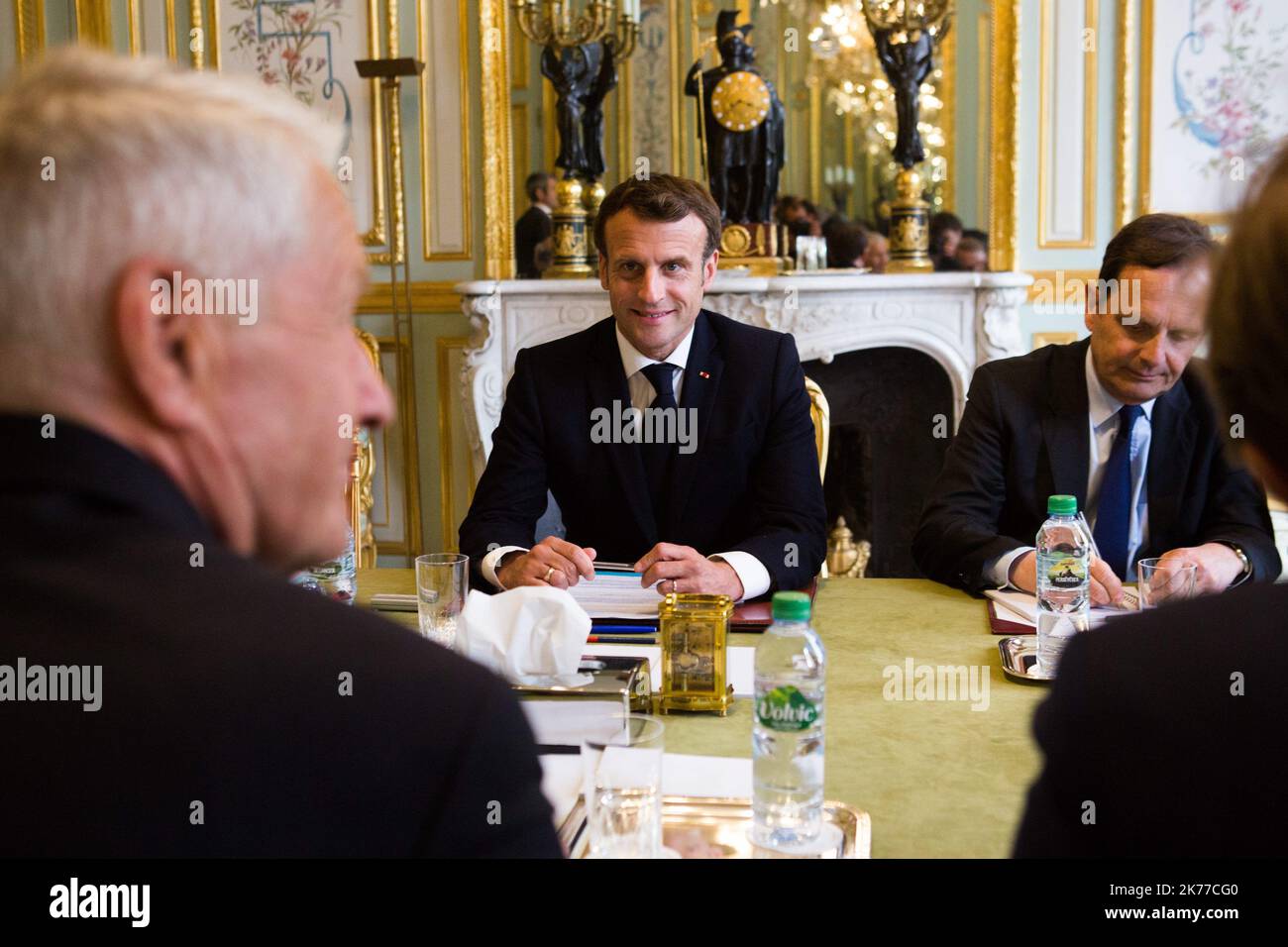 POOL French President Emmanuel Macron as he welcomes the Secretary General of the Council of Europe Thorbjorn Jagland at the Elysee Palace in Paris on May 6, 2019.  Photo by Raphael Lafargue/ABACAPRESS.COM POOL/Raphael Lafargue/MAXPPP Stock Photo