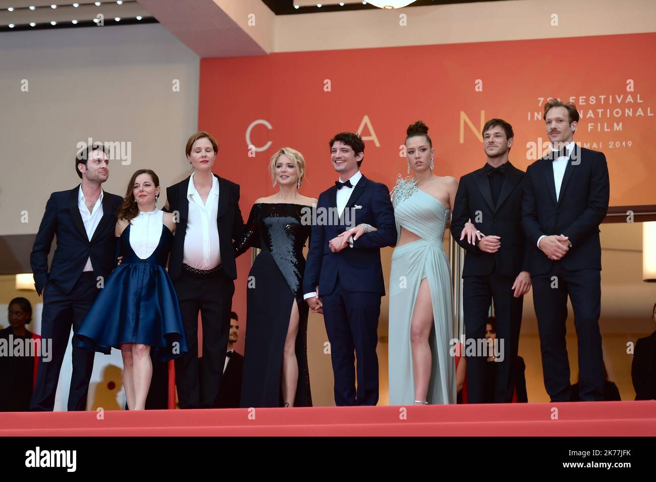 Arthur Harari, Laure Calamy, Justine Triet, Virginie Efira, Niels Schneider, Adele Exarchopoulos, Gaspard Ulliel and Paul Hamy attend the screening of Sibyl during the 72nd annual Cannes Film Festival on May 24, 2019 in Cannes, France. Stock Photo
