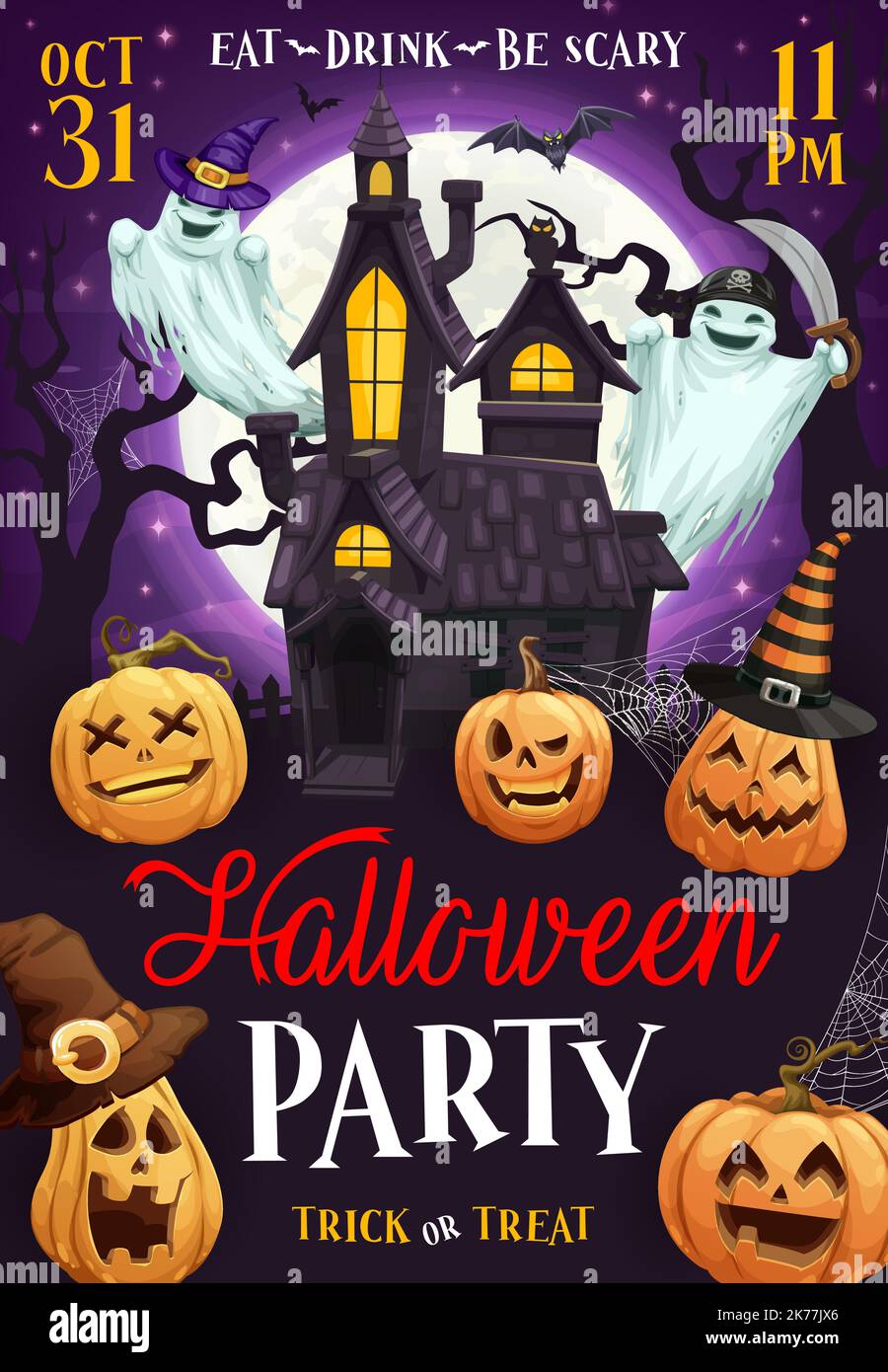 Halloween holiday flyer. Cartoon pumpkin lanterns, flying ghosts and