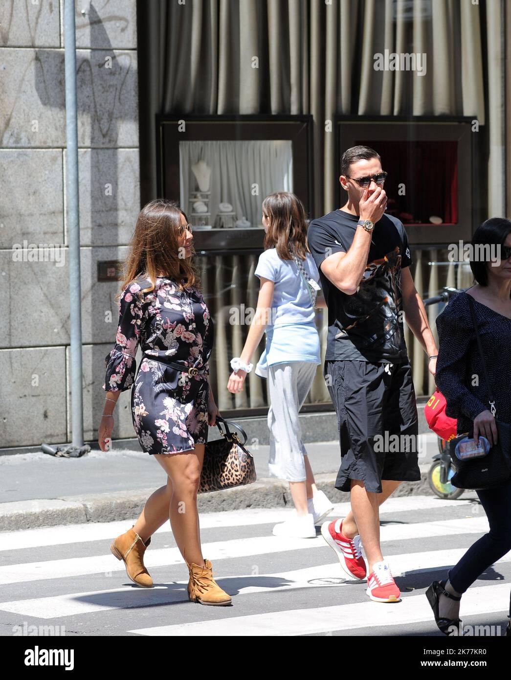 Mattia De Sciglio, defender of the JUVENTUS and the ITALIAN NATIONAL, before the rally of June 1 in Coverciano he gives himself a relaxing afternoon with his partner GIULIA. After lunch at the 'Salumaio di Montenapoleone' a walk downtown before returning home. Stock Photo