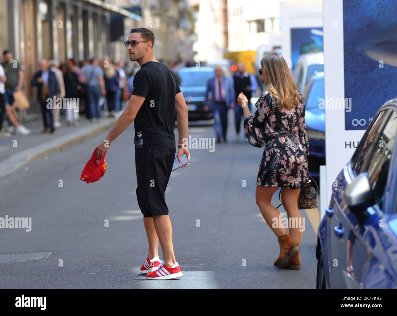 Mattia De Sciglio, defender of the JUVENTUS and the ITALIAN NATIONAL, before the rally of June 1 in Coverciano he gives himself a relaxing afternoon with his partner GIULIA. After lunch at the 'Salumaio di Montenapoleone' a walk downtown before returning home. Stock Photo