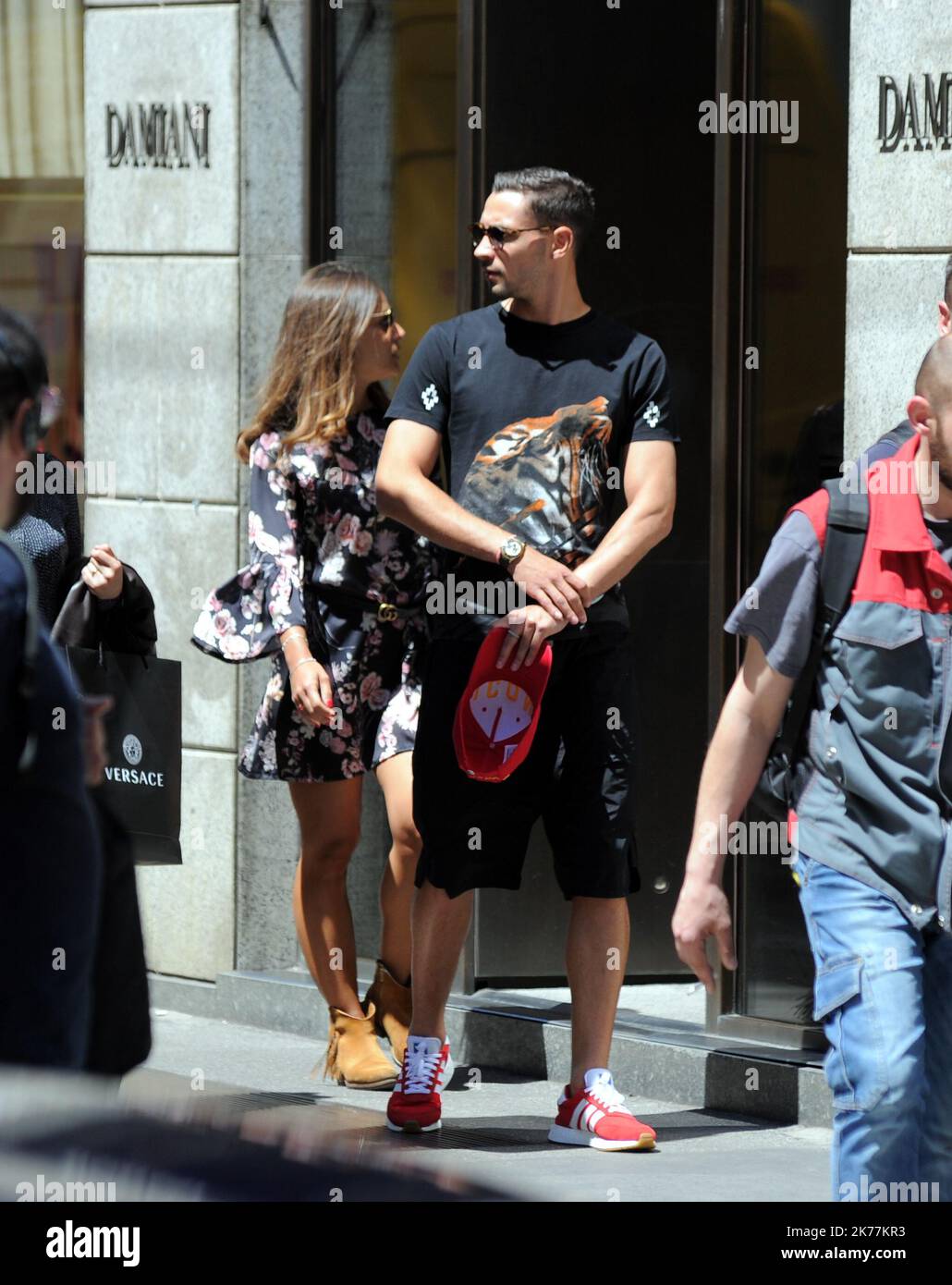 Mattia De Sciglio, defender of the JUVENTUS and the ITALIAN NATIONAL, before the rally of June 1 in Coverciano he gives himself a relaxing afternoon with his partner GIULIA. After lunch at the 'Salumaio di Montenapoleone' a walk downtown before returning home. Stock Photo