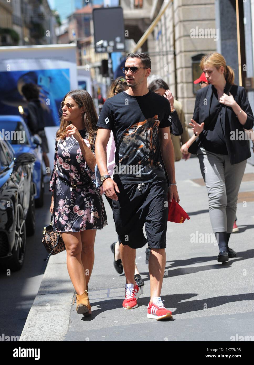 Mattia De Sciglio, defender of the JUVENTUS and the ITALIAN NATIONAL, before the rally of June 1 in Coverciano he gives himself a relaxing afternoon with his partner GIULIA. After lunch at the 'Salumaio di Montenapoleone' a walk downtown before returning home. Stock Photo