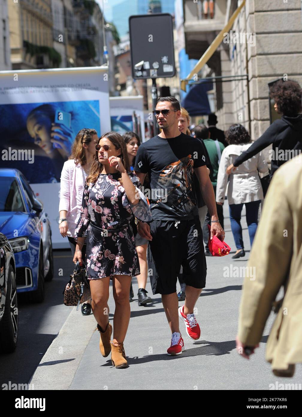 Mattia De Sciglio, defender of the JUVENTUS and the ITALIAN NATIONAL, before the rally of June 1 in Coverciano he gives himself a relaxing afternoon with his partner GIULIA. After lunch at the 'Salumaio di Montenapoleone' a walk downtown before returning home. Stock Photo