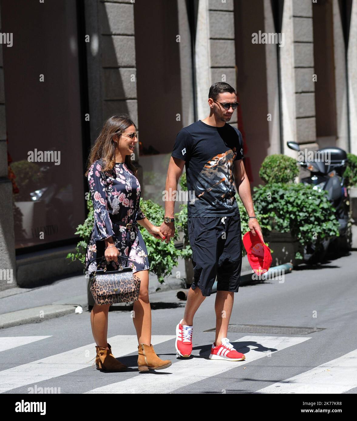 Mattia De Sciglio, defender of the JUVENTUS and the ITALIAN NATIONAL, before the rally of June 1 in Coverciano he gives himself a relaxing afternoon with his partner GIULIA. After lunch at the 'Salumaio di Montenapoleone' a walk downtown before returning home. Stock Photo