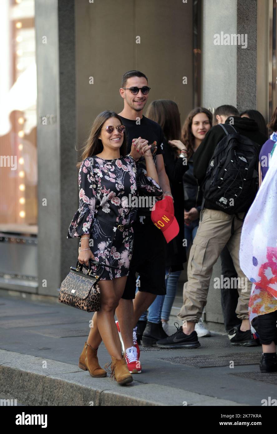 Mattia De Sciglio, defender of the JUVENTUS and the ITALIAN NATIONAL, before the rally of June 1 in Coverciano he gives himself a relaxing afternoon with his partner GIULIA. After lunch at the 'Salumaio di Montenapoleone' a walk downtown before returning home. Stock Photo