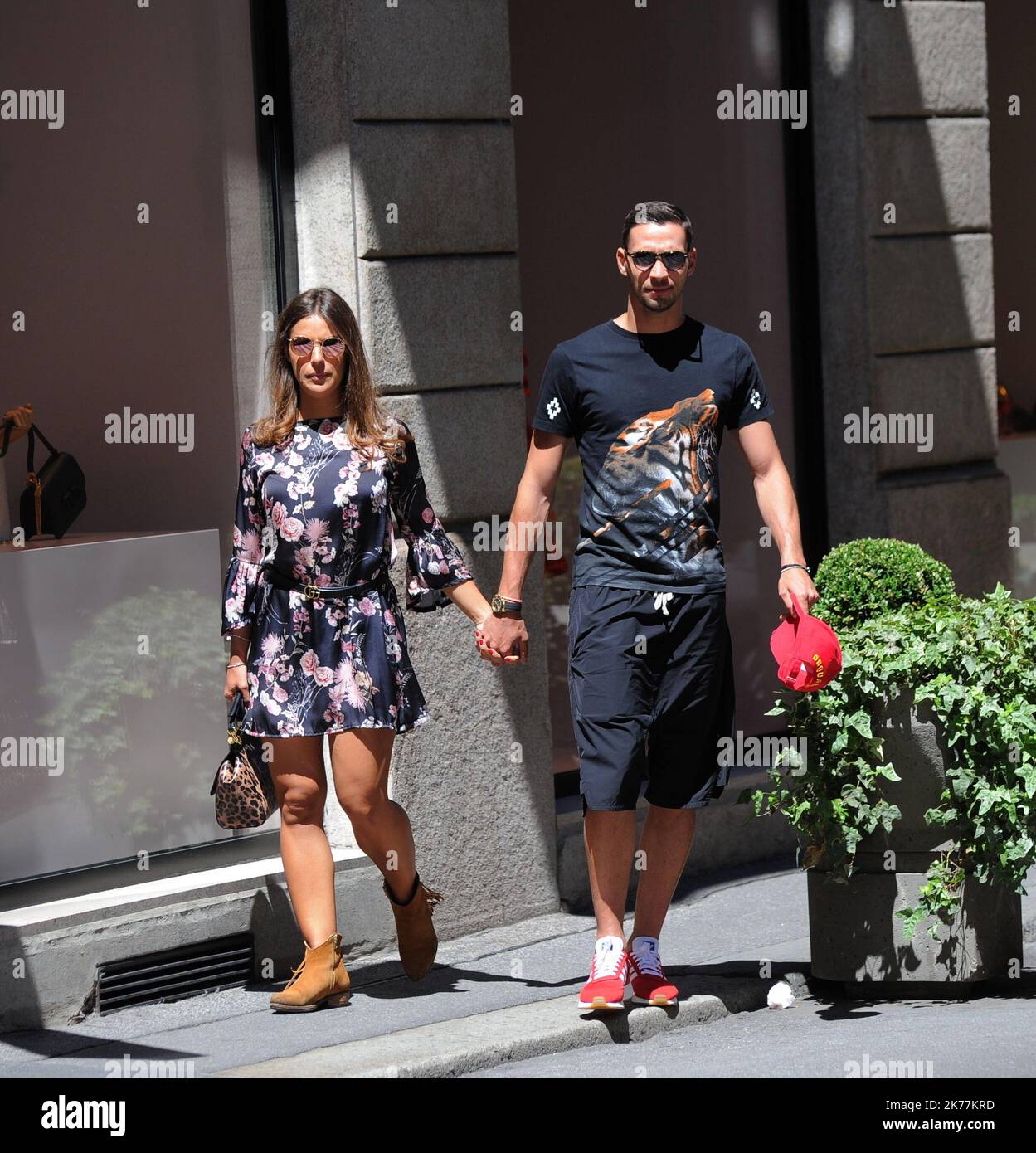 Mattia De Sciglio, defender of the JUVENTUS and the ITALIAN NATIONAL, before the rally of June 1 in Coverciano he gives himself a relaxing afternoon with his partner GIULIA. After lunch at the 'Salumaio di Montenapoleone' a walk downtown before returning home. Stock Photo