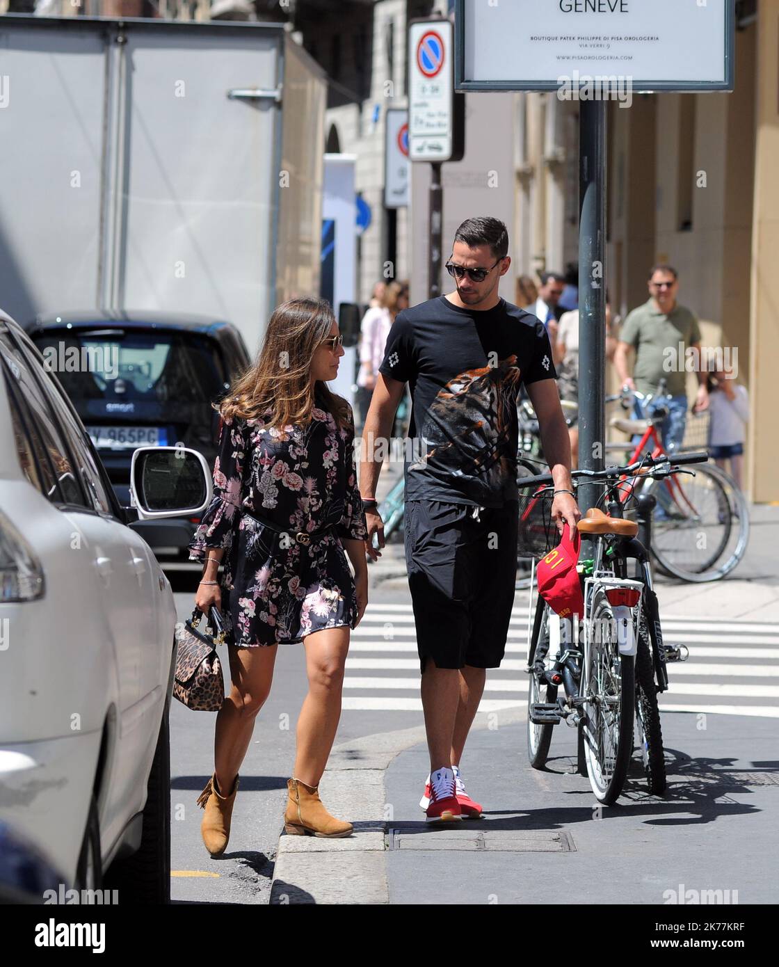 Mattia De Sciglio, defender of the JUVENTUS and the ITALIAN NATIONAL, before the rally of June 1 in Coverciano he gives himself a relaxing afternoon with his partner GIULIA. After lunch at the 'Salumaio di Montenapoleone' a walk downtown before returning home. Stock Photo