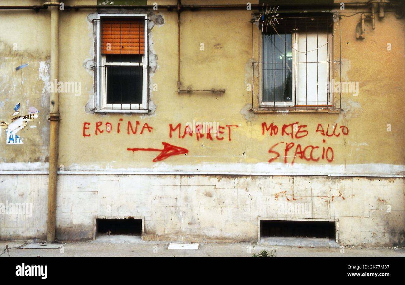 Naples 1980, Italy. Scampia are residential buildings built in the homonymous district of Naples between 1962 and 1975. The movie Gomorrah by Matteo Garrone was shot at the Vele, it has showin to the public the urban and human degradation of the neighborhood. Scampia is an important drug dealing center. Stock Photo