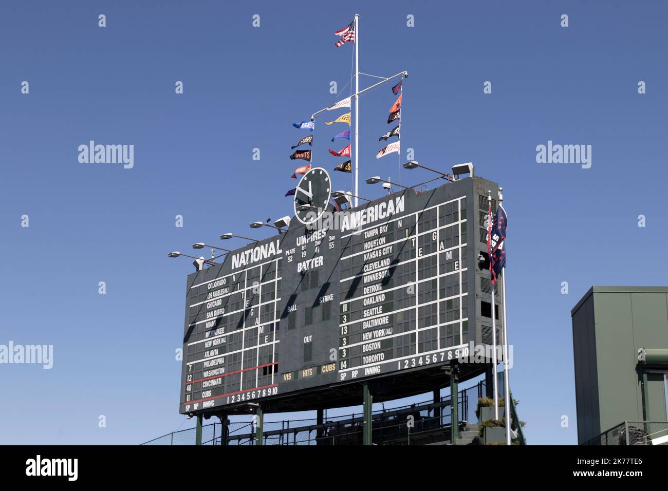 Chicago Circa October 2022 Chicago Cubs center field scoreboard on