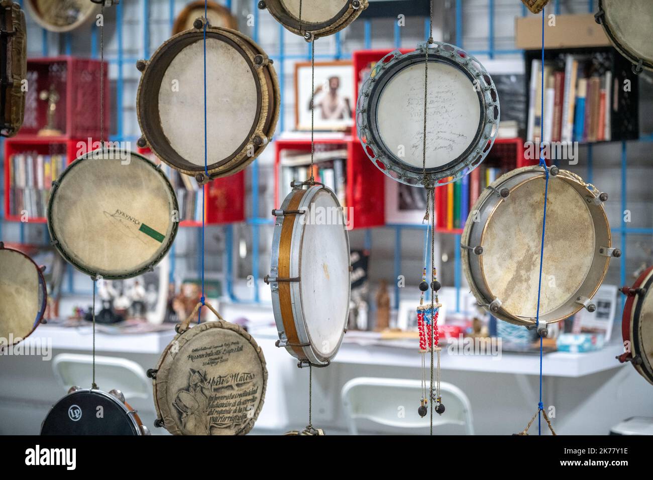 Hand drums for bomba and plena on display at Museum Stock Photo