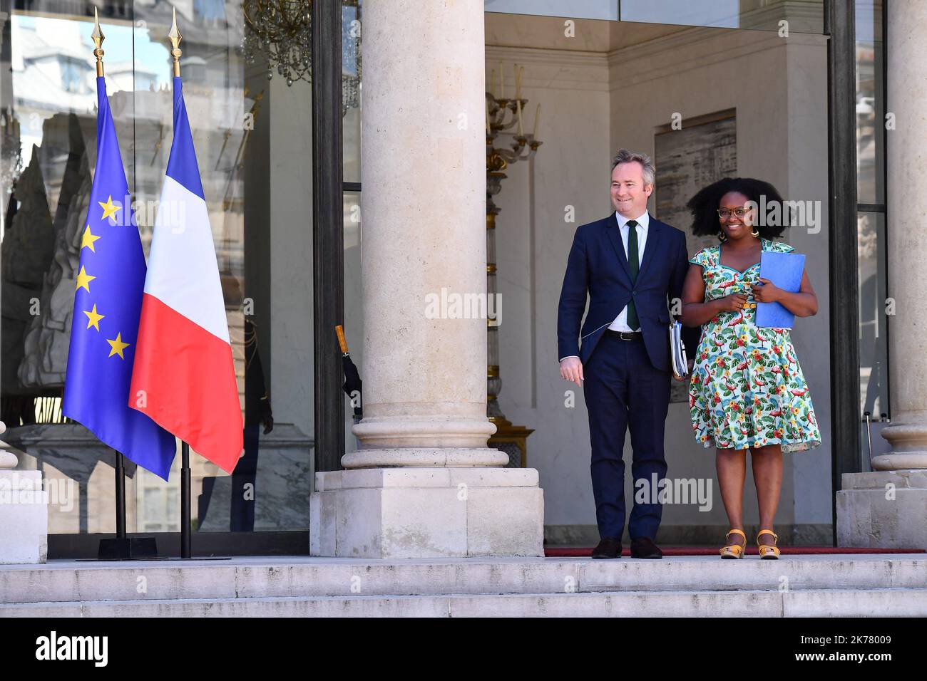 Jean-Baptiste Lemoyne, Secretary of State to the Minister of Europe and Foreign Affairs and Sibeth NDiaye, Secretary to the Prime Minister and Government Spokesperson out of the Council of Ministers 03 July 2019 Stock Photo