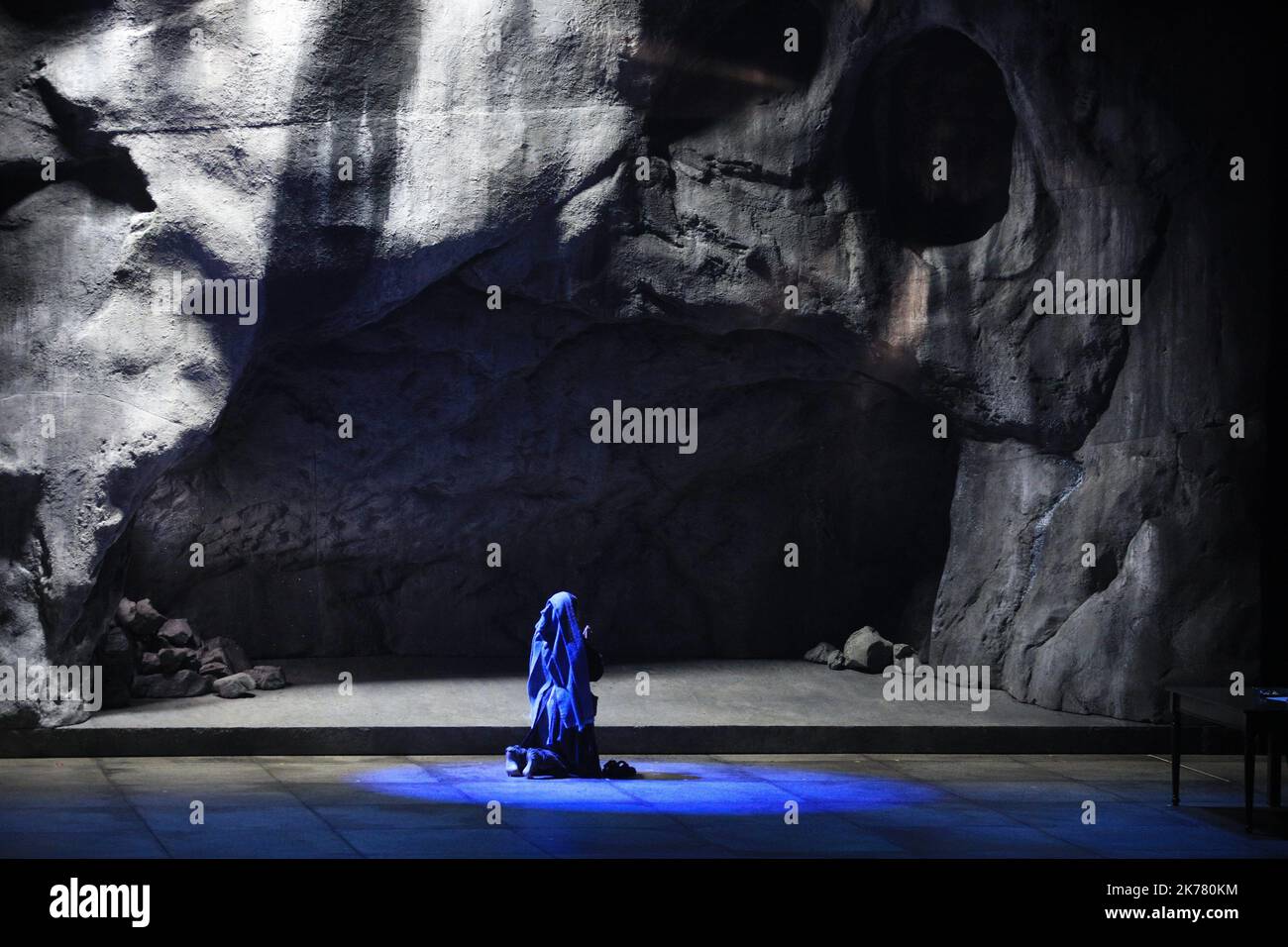 Lourdes, south western France, july 1st 2019 - Musical on Bernadette Soubirous. Saint Bernadette Soubirous (1844 – 1879), also known as Saint Bernadette of Lourdes, was the firstborn daughter of a miller from Lourdes, in the department of Hautes-Pyrénées in France, and is best known for experiencing Marian apparitions of a 'young lady' who asked for a chapel to be built at the nearby cave-grotto at Massabielle. These apparitions are said to have occurred between 11 February and 16 July 1858, and the lady who appeared to her identified herself as the Immaculate Conception. Stock Photo