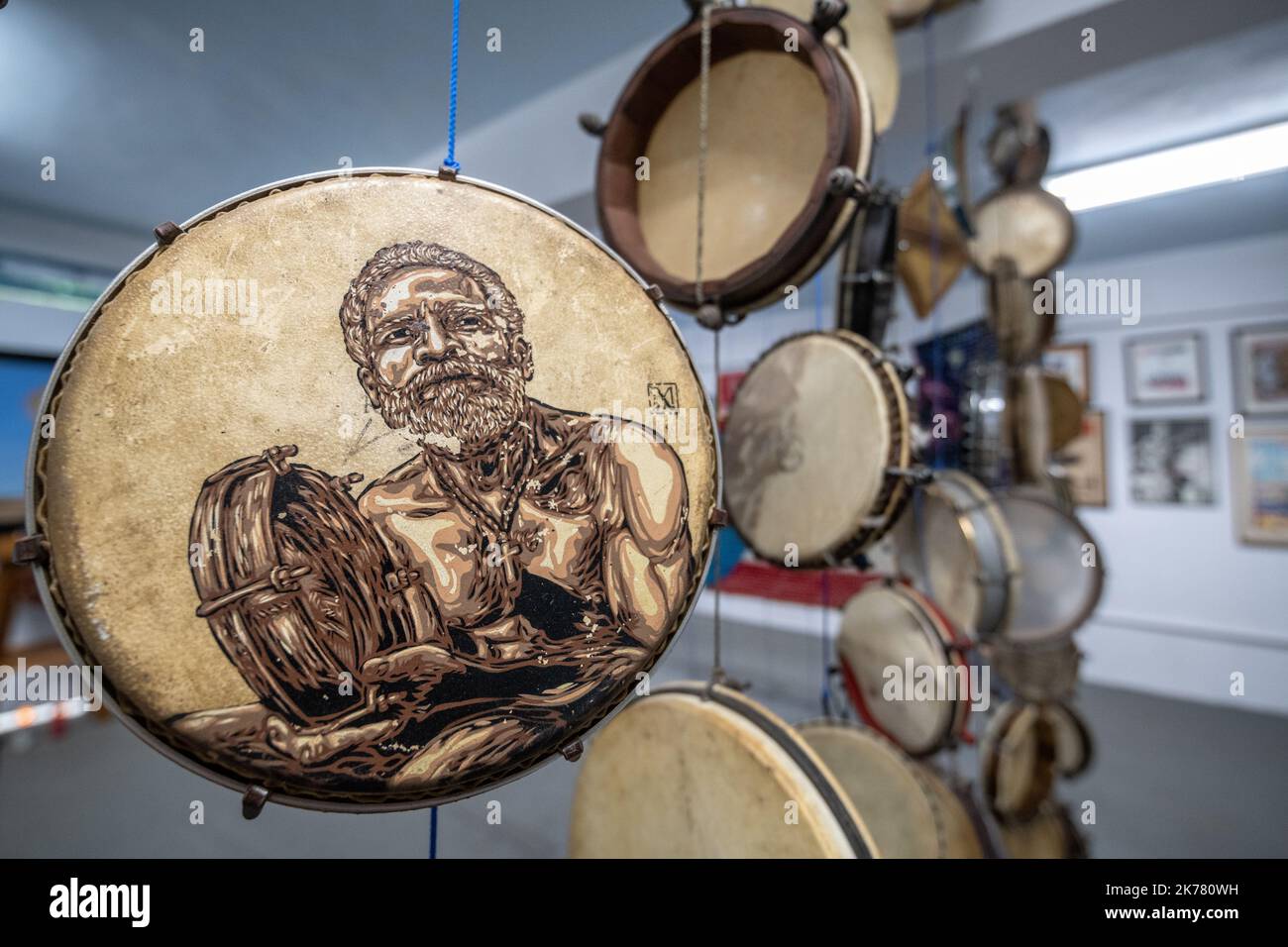 Hand drums for bomba and plena on display at Museum Stock Photo - Alamy