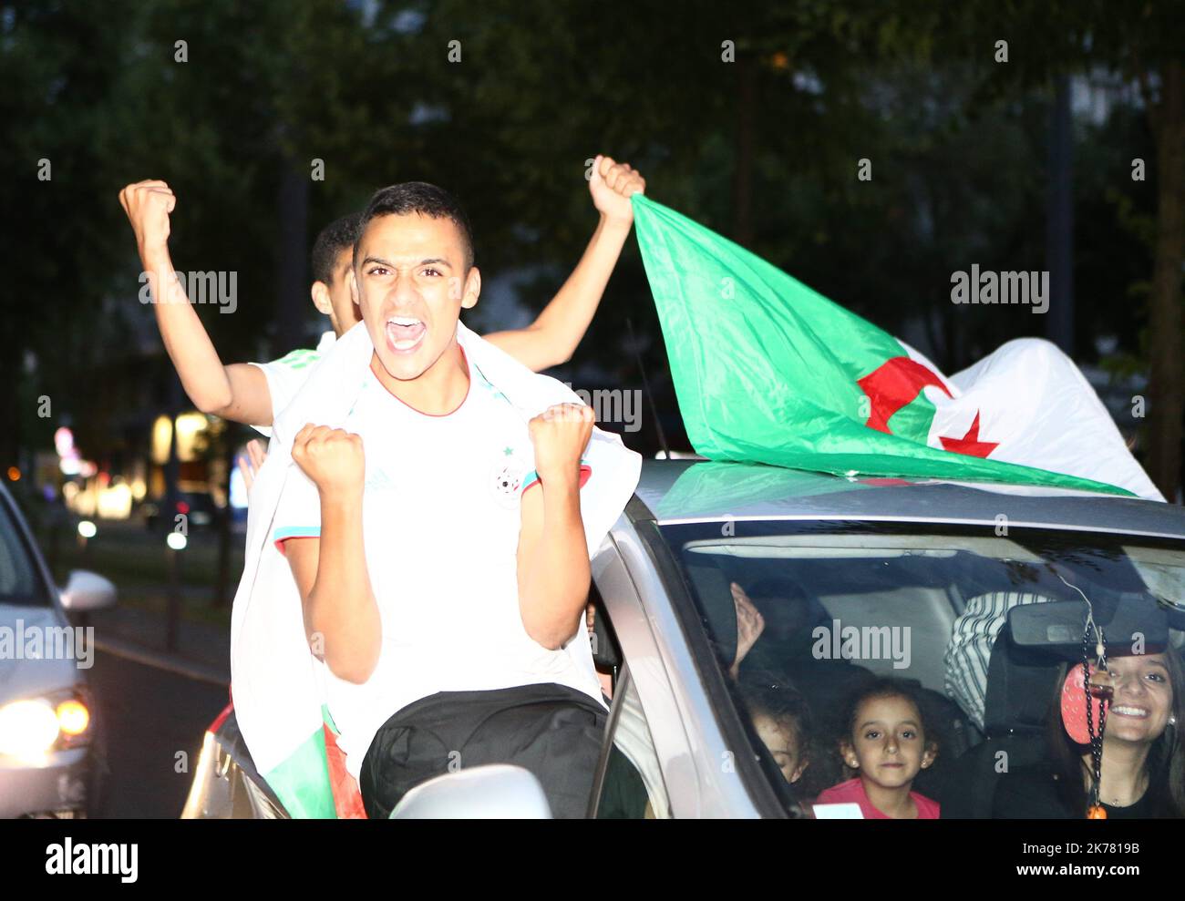 Algerian supporters celebrate in Saint-Etienne, near Lyon in France after the victory of their team during the 2019 Africa Cup of Nations (CAN) quarter final football match between Ivory Coast and Algeria, on July 11, 2019.   Â© Pierre Teyssot / Maxppp Stock Photo