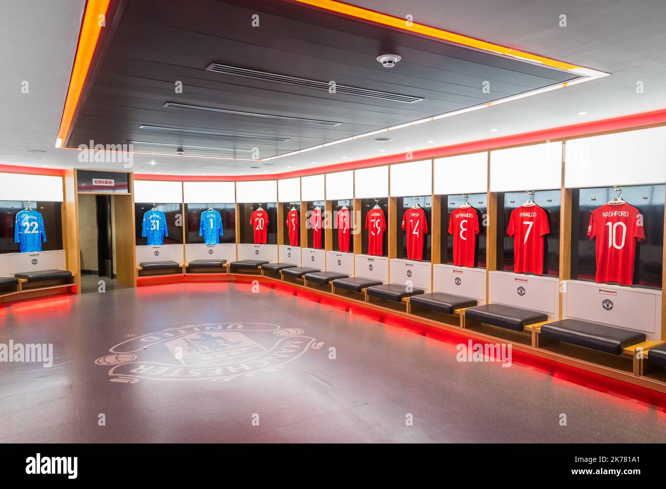 Manchester United's changing room at Old Trafford stadium Stock Photo