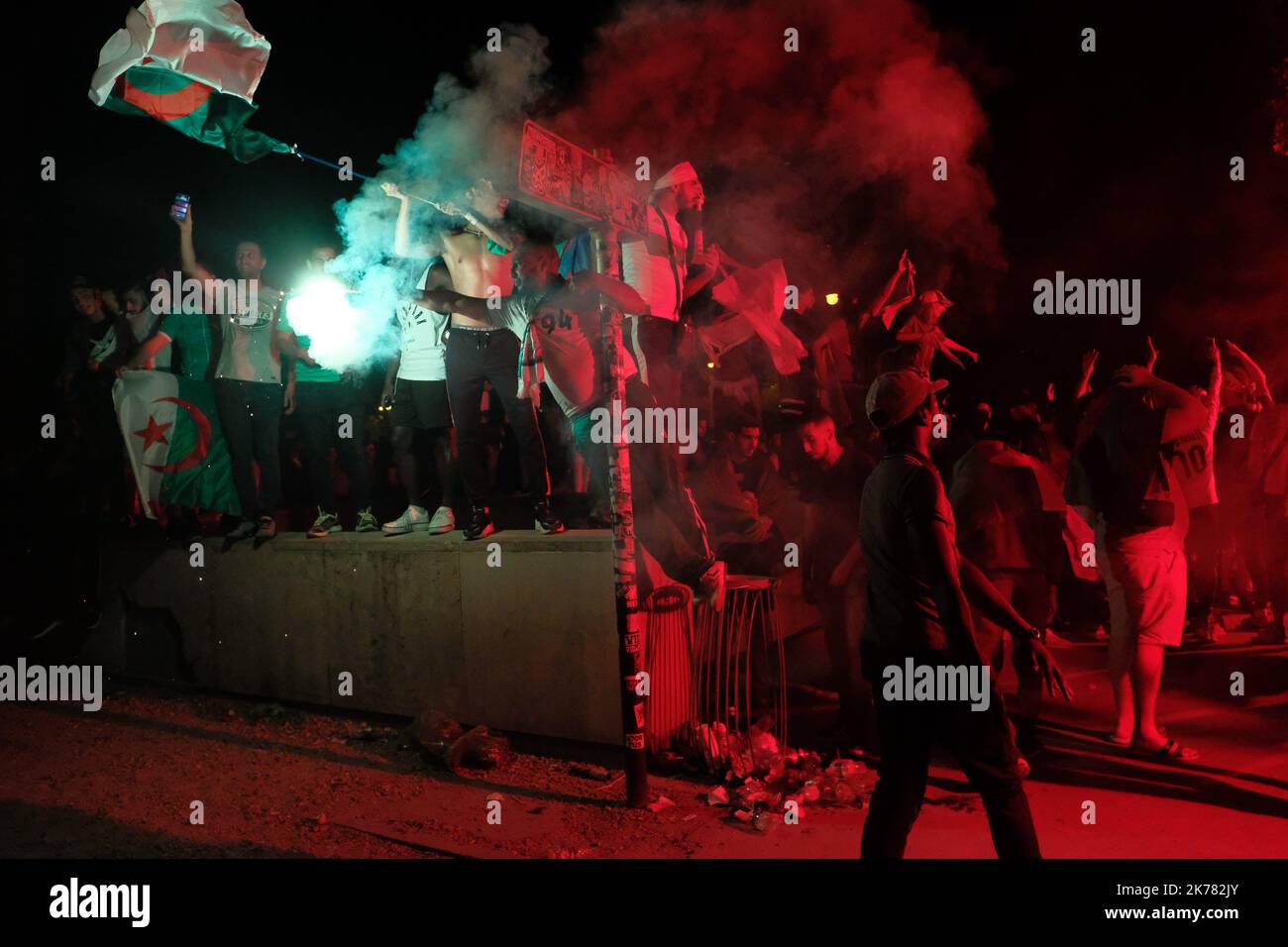 A general view of Algerian supporters in Paris after their victory in the Africa Cup of Nations Final.  Stock Photo