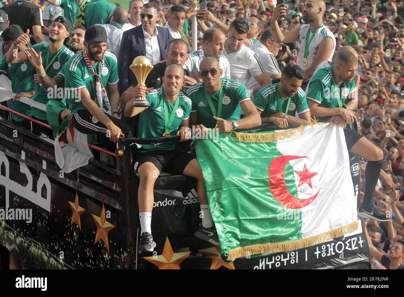 Algerians supporters in Algiers the capital of Algeria to welcome the Algerian national team following their victory in the 2019 Africa Cup of Nations Stock Photo