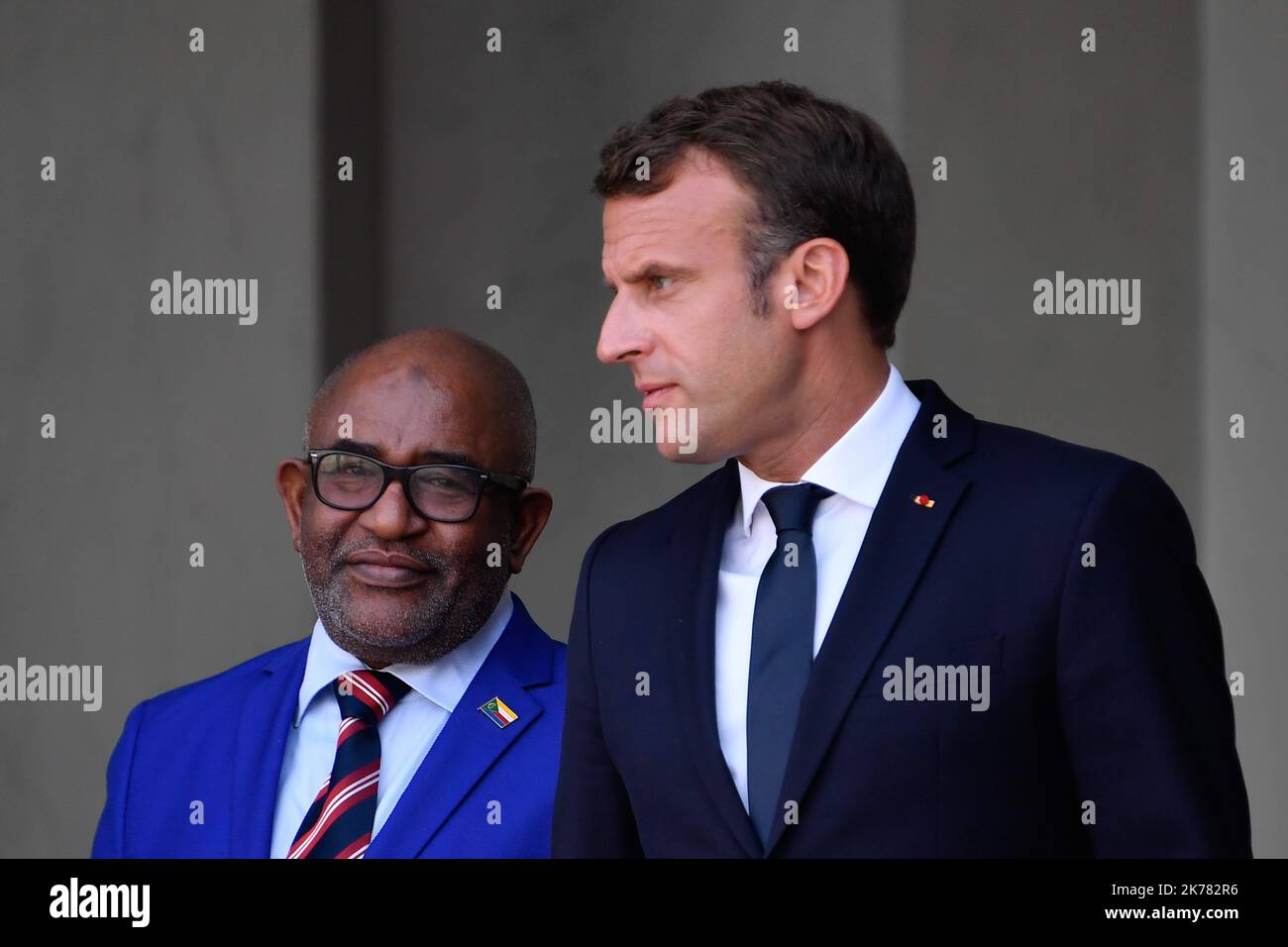 The President of the Republic, Emmanuel Macron and the President of the Union of the Comoros, Mr Azali Assoumani, at the Elysee Palace, Jul 22, 2019. Stock Photo