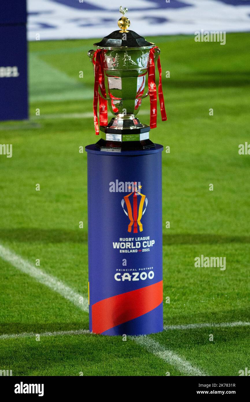 Doncaster, UK. 17th October, 2022. The RLWC Trophy at the start of the 2021 Rugby League World Cup Pool A match between France and Greece at the Keepmoat Stadium, Doncaster on Monday 17th October 2022. (Credit: Trevor Wilkinson | MI News) Credit: MI News & Sport /Alamy Live News Stock Photo