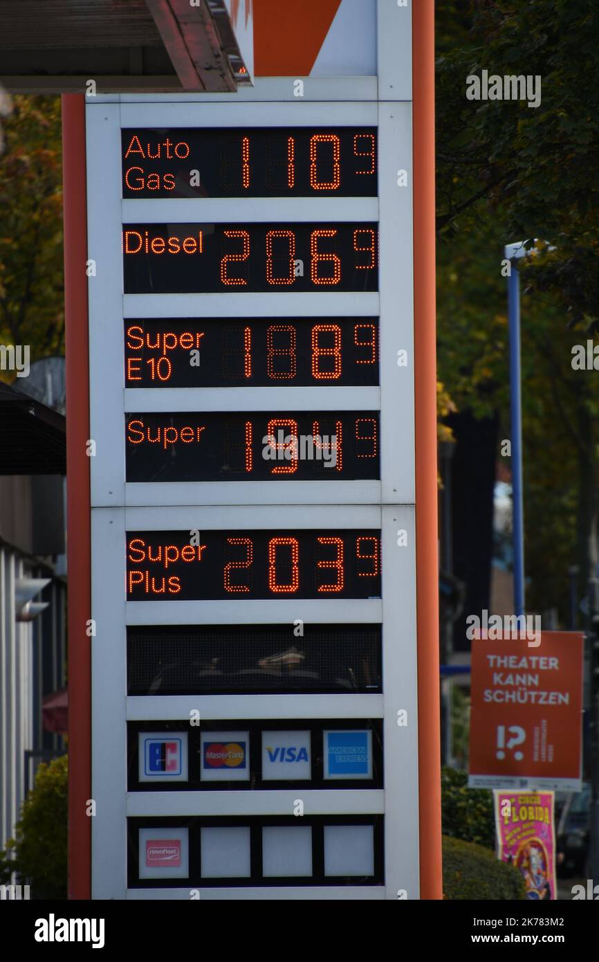 A closeup of gas station price display with record prices in Germany