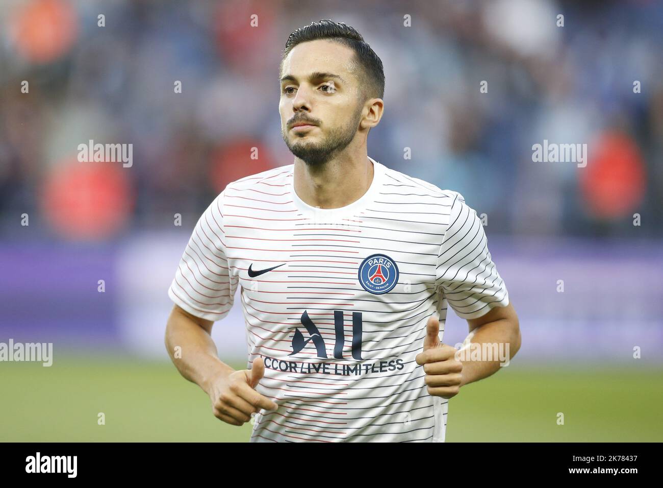 Pablo Sarabia of Paris Saint-Germain reacts during warmup before during the  French Ligue 1 match between Paris Saint-Germain ( PSG ) and Nîmes  olympique at Parc des Princes in Paris, France. 11.08.2019