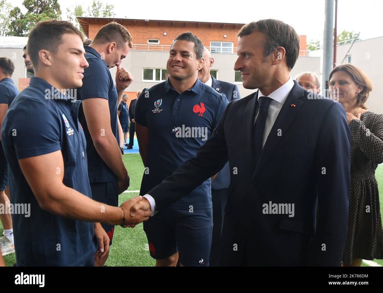 France's President Emmanuel Macron at the National Rugby Center in Marcoussis, south of Paris, on September 5, 2019. The French rugby team is preparing for the upcoming 2019 World Cup in Japan. President Macron visited ahead of the upcoming Rugby World Cup, at the National Rugby Center in Marcoussis.  Stock Photo