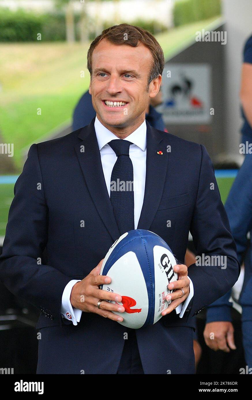 France's President Emmanuel Macron at the National Rugby Center in Marcoussis, south of Paris, on September 5, 2019. The French rugby team is preparing for the upcoming 2019 World Cup in Japan. President Macron visited ahead of the upcoming Rugby World Cup, at the National Rugby Center in Marcoussis.   Stock Photo
