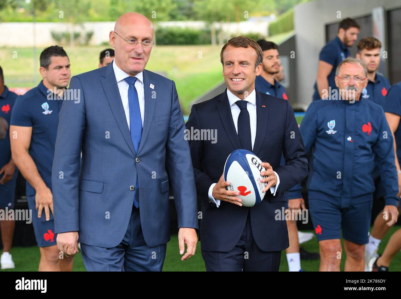 France's President Emmanuel Macron, French Rugby Federation President Bernard Laporte at the National Rugby Center in Marcoussis, south of Paris, on September 5, 2019. The French rugby team is preparing for the upcoming 2019 World Cup in Japan. President Macron visited ahead of the upcoming Rugby World Cup, at the National Rugby Center in Marcoussis  Stock Photo