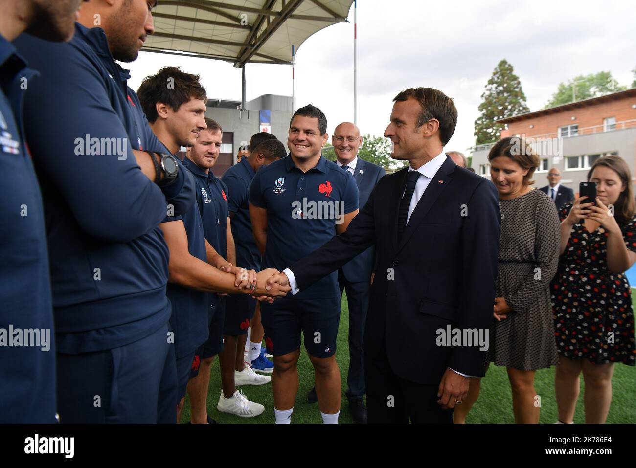 France's President Emmanuel Macron at the National Rugby Center in Marcoussis, south of Paris, on September 5, 2019. The French rugby team is preparing for the upcoming 2019 World Cup in Japan. President Macron visited ahead of the upcoming Rugby World Cup, at the National Rugby Center in Marcoussis.   Stock Photo